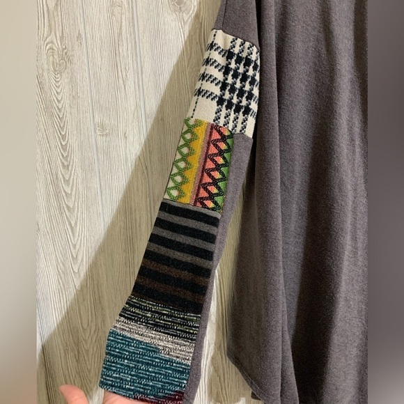 Cozy Drape Front Cardigan With Patchwork Sleeves by 12PM by Mon Ami Size LG - Picture 2 of 8